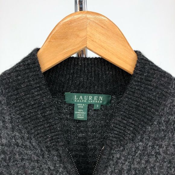 Lauren Ralph Lauren Jacket Lambswool Houndstooth Charcoal Grey Long Sleeve Zip - Picture 7 of 10